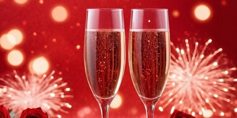 Two champagne glasses with red roses and fireworks on a red background.