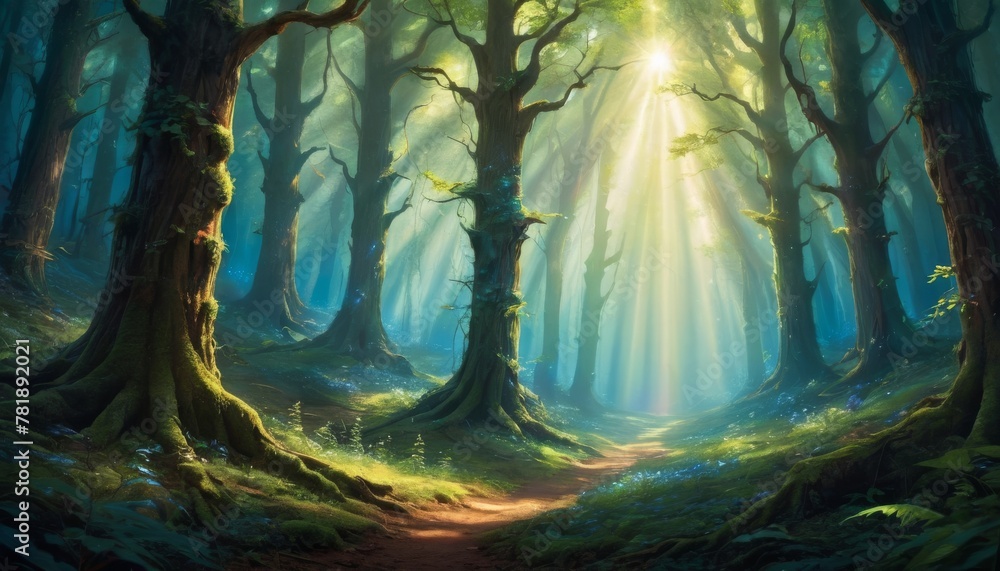 Poster sunbeams break through an enchanted forest, illuminating a magical pathway surrounded by ancient, to