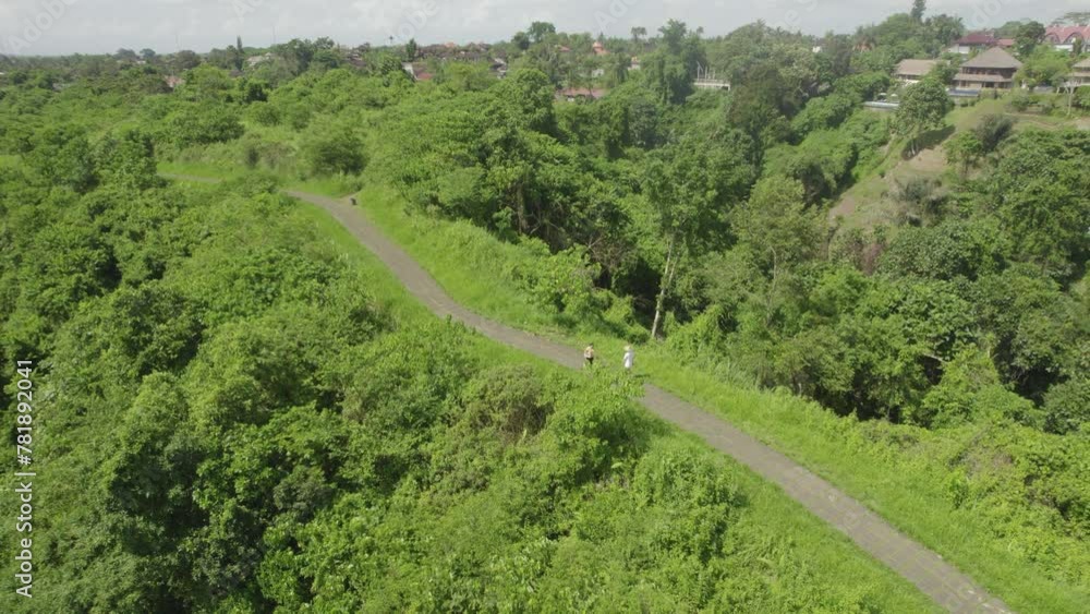 Poster a person is walking on a path in a forest. the path is surrounded by trees and there are several peo