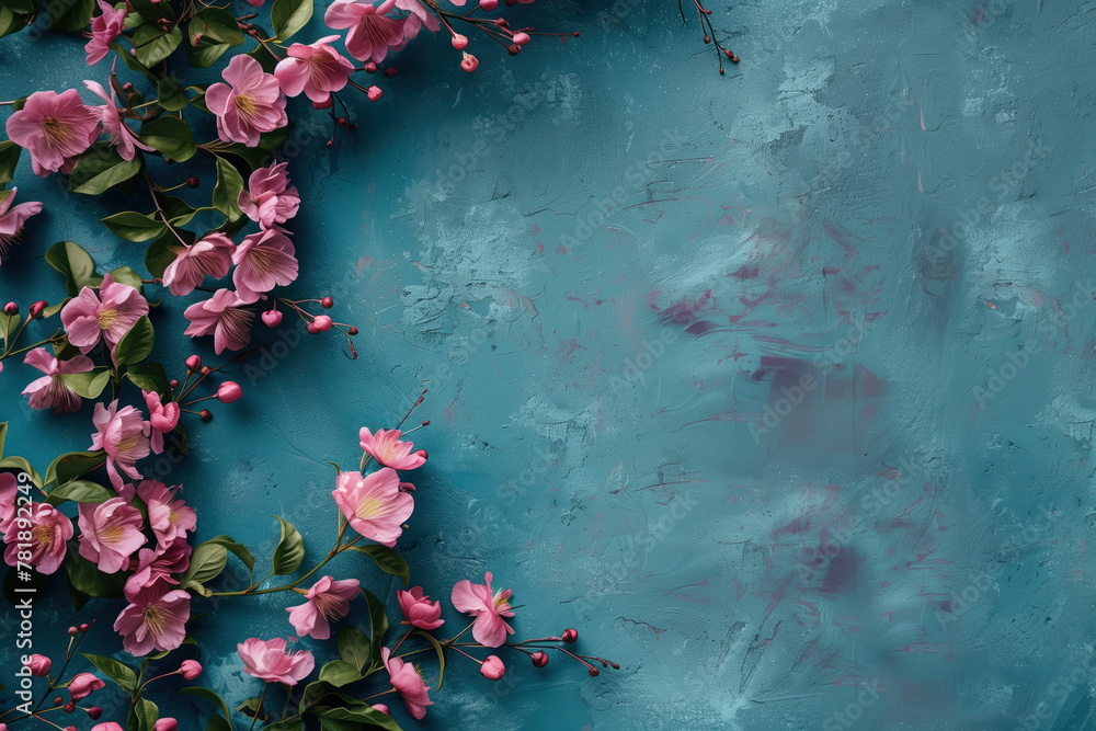 Poster slide background with colorful leaves and flowers framing on a painted wall. background image. creat