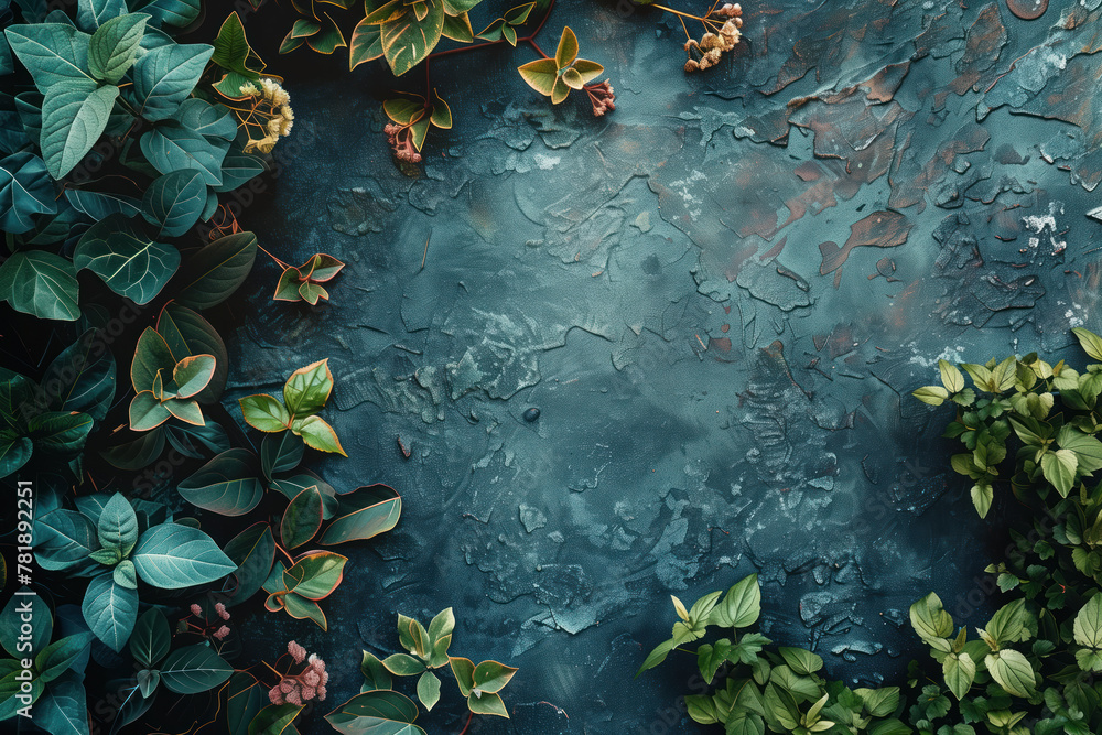Poster slide background with colorful leaves and flowers framing on a painted wall. background image. creat