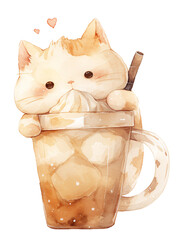 Cartoon kawaii cat with a cup of iced coffee, watercolor illustration - 781892202