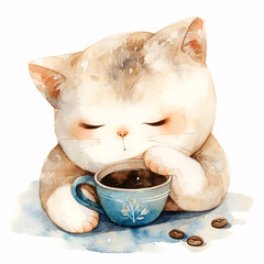 Cute kawaii cat with a cup of coffee, watercolor illustration - 781892229