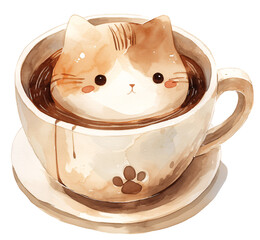 Kawaii cute cat sitting in a cup; watercolor illustration - 781892284