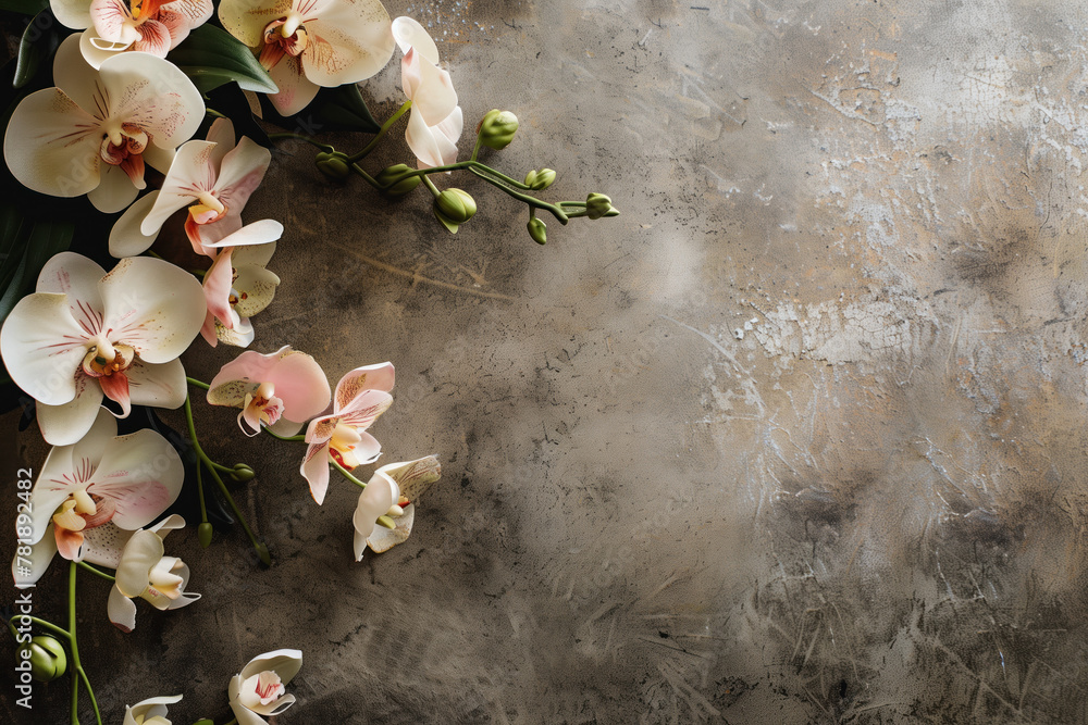 Poster slide background with white orchid flowers framing on a painted wall. background image. created with