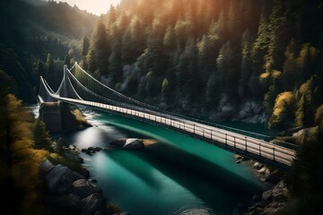 A dynamic shot of a suspension bridge gracefully crossing a flowing river, the engineering marvel and scenic surroundings presented in stunning