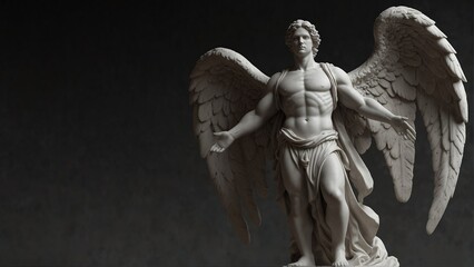 male angel white smooth marble statue on plain black background from Generative AI