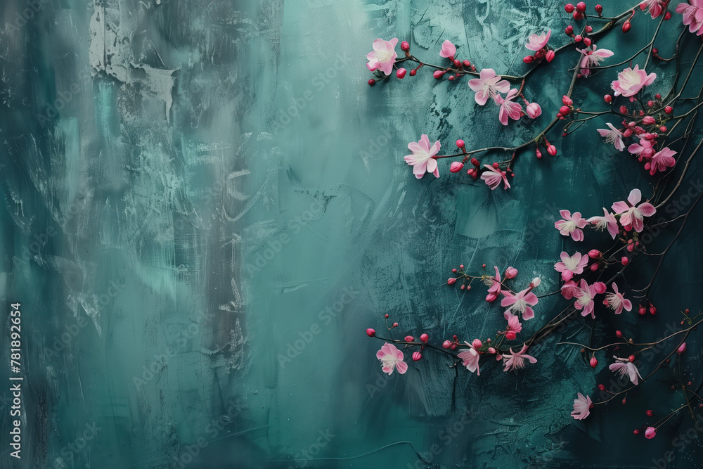 Poster slide background with colorful leaves and flowers framing on a painted wall. background image. creat