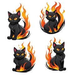 Set of Cartoon cat sitting in front of a fire with flames 