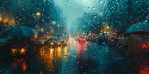 Rainy Cityscape A View Through Drops Generative AI - obrazy, fototapety, plakaty
