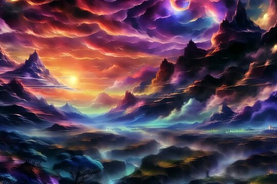 animation, motion effect, Painting of mountains in the evening (60 fps  6 sec.)