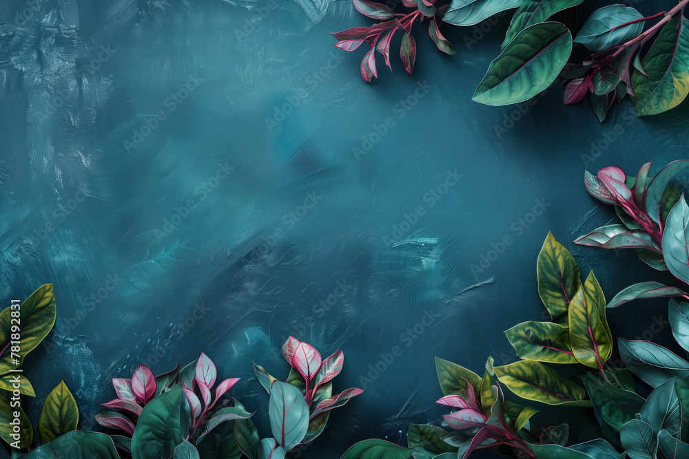 Poster slide background with colorful leaves and flowers framing on a painted wall. background image. creat