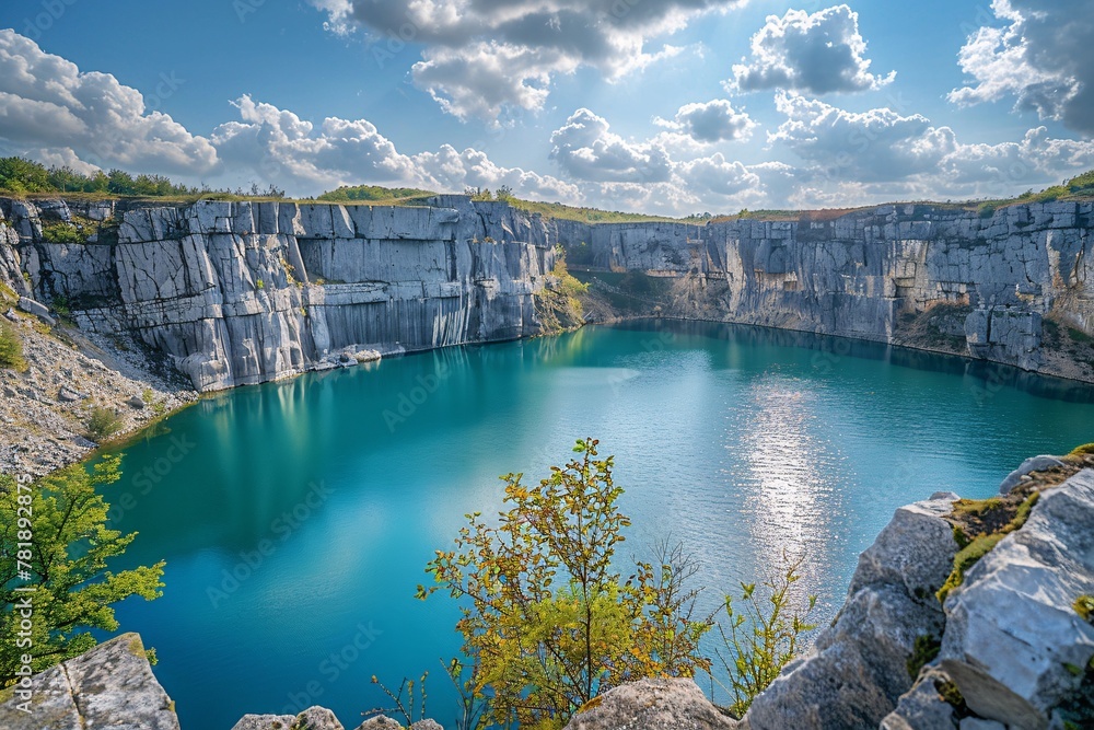 Poster serene oasis a spectacular view of a crystal clear lake surrounded by majestic cliffs and a lush for