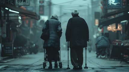 Elderly couple stroll city street in winter night