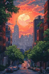 Fototapeta na wymiar Retro style of pixel background of modern and calm city, Illustration in r pixel art background, 2d vector illustration, EPS 10.