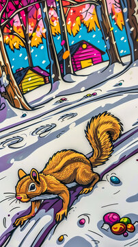 A cartoonish drawing of a squirrel walking on a snowy path