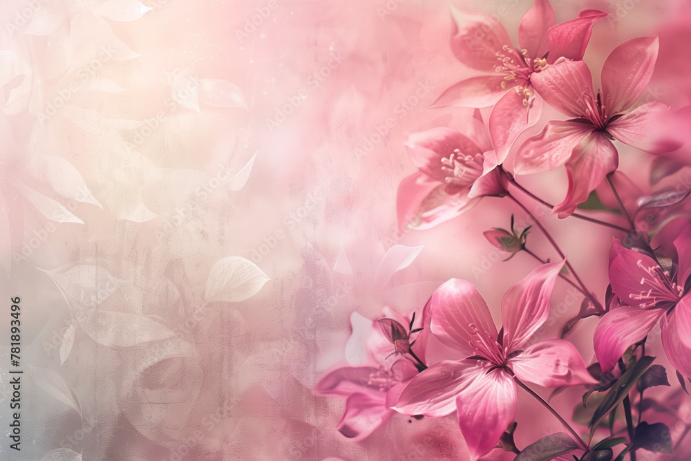 Poster slide background with colorful pink flowers framing on a painted wall. background image. created wit