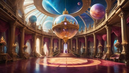 Obraz premium An opulent ballroom with a fantastical space theme, featuring a levitating, ornate sphere under a glass dome with planets visible in the sky. AI Generation