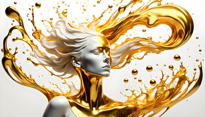 Schaufensterpuppe Wachsfigur Frau mit wehendem Haar in weiß von dynamisch bewegter Welle und Spritzern aus flüssigen Gold umspült in edlem Design  als Hintergrund und Vorlage Wohlstand Luxus Reichtum