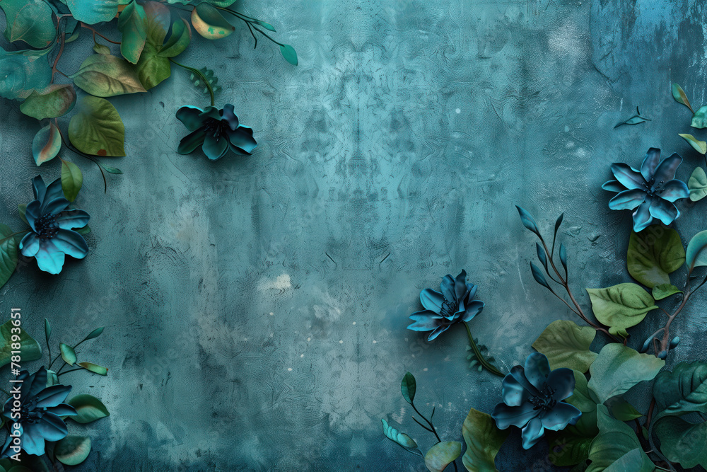 Poster slide background with colorful leaves and flowers framing on a painted wall. background image. creat