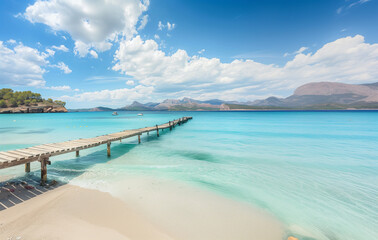 Fototapeta premium A stunning view of the turquoise waters and white sandy beaches in Mallorca, with clear blue skies above and an old wooden pier extending into them