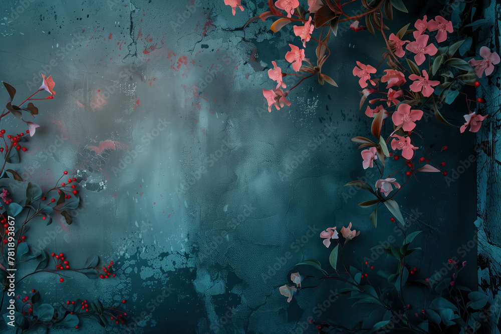 Poster slide background with colorful leaves and flowers framing on a painted wall. background image. creat