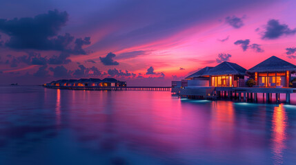 Night time Luxury resort villas seascape with soft lights under colorful sky. Fantastic nature scenic