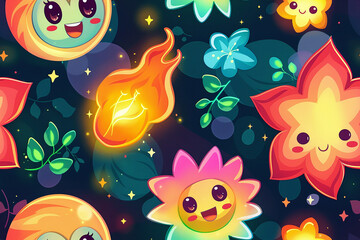 Obraz na płótnie Canvas Vibrant fantasy flowers and stars with happy faces