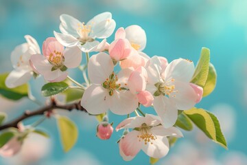 branch of a blossoming apple tree close-up, stock photo, in the style of light pink and dark indigo, minimalistic sketches of nature. Generative AI.