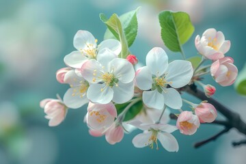 Fototapeta premium branch of a blossoming apple tree close-up, stock photo, in the style of light pink and dark indigo, minimalistic sketches of nature. Generative AI.
