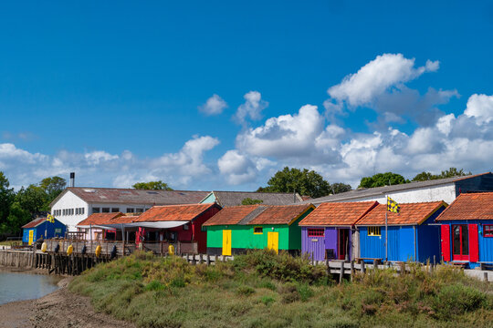 Colourfully painted wooden fishermen's huts, Le Chateau-d'Oleron, Oleron Island, Charente Maritime , Nouvelle-Aquitaine, France