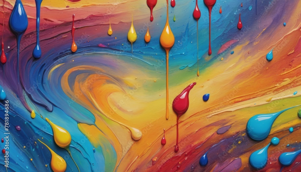 Poster a vibrant abstract of swirling colors, with paint drops suspended in motion, creates a visually dyna