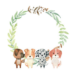 Baby shower card. Vector watercolor wreath with dogs. - 781894607