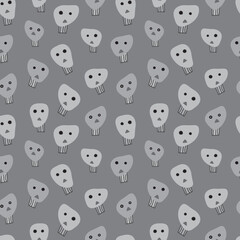 Funky skulls kids doodle seamless pattern. Monochromatic surface art design on gray backdrop for printing on various materials or use in graphic design.