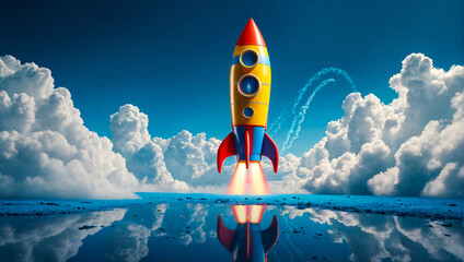 Rocket taking off on a clean background as an illustration of a new business starting and new beginnings - obrazy, fototapety, plakaty