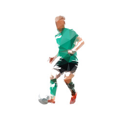 Soccer player kicking ball, football, isolated low poly vector illustration