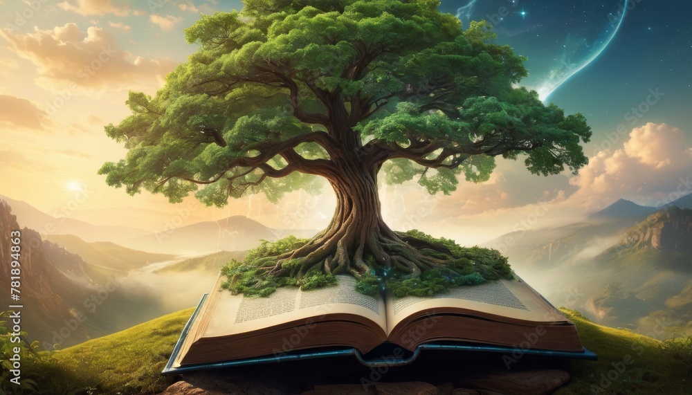 Poster a majestic tree grows from an open book, symbolizing the growth of knowledge and the power of imagin