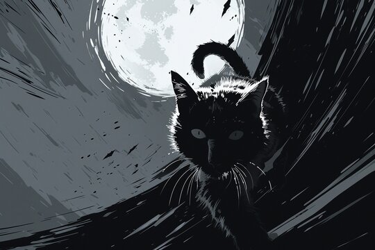 Cat midpounce with a splintered moon stark lighting from behind fisheye perspective cool gray palette
