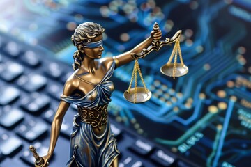 Lady Justice overlay on circuit board - 781895059