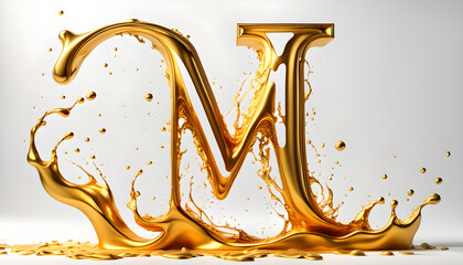 goldener großer Buchstabe M umspült von einer dynamisch bewegten Welle aus flüssigem Gold Spritzer, edel und leuchtend als Hintergrund und Vorlage für Gestaltung  Symbol Logo 3D Metall - obrazy, fototapety, plakaty