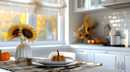 Bright kitchen with sunflowers on table, autumn vibes. Ideal for home decor and seasonal magazine features.