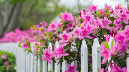 Fototapeta na wymiar A vibrant photo of lush pink azaleas in full bloom, spilling over a quaint white picket fence, with a focus on the contrast between the vivid flowers and the crisp fence.