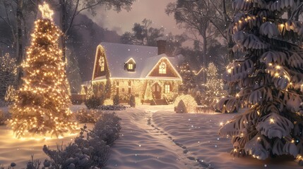 Illuminated house and Christmas tree in a snowy setting, ideal for festive and warm holiday visuals.