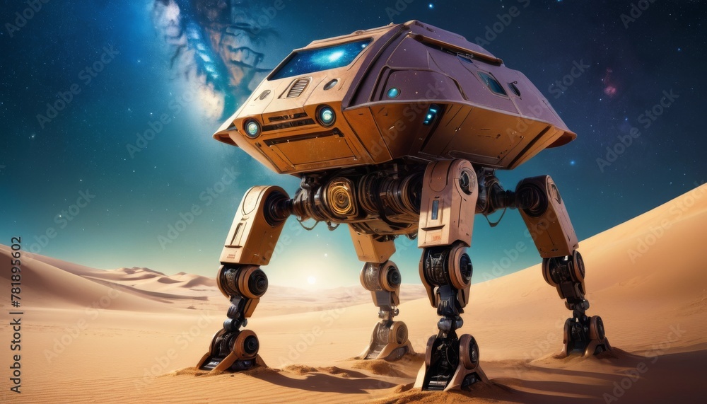 Poster a highly detailed robot stands on a sandy desert with a sun low on the horizon, evoking a sense of e