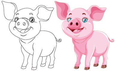 Vector illustration of a pig, black and white to color
