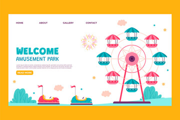 Flat amusement park landing page template with fair attractions - 781895665