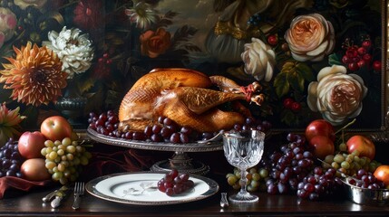 Obraz na płótnie Canvas Opulent thanksgiving family festive dinner table with roasted turkey and floral decor, perfect for holiday themes.