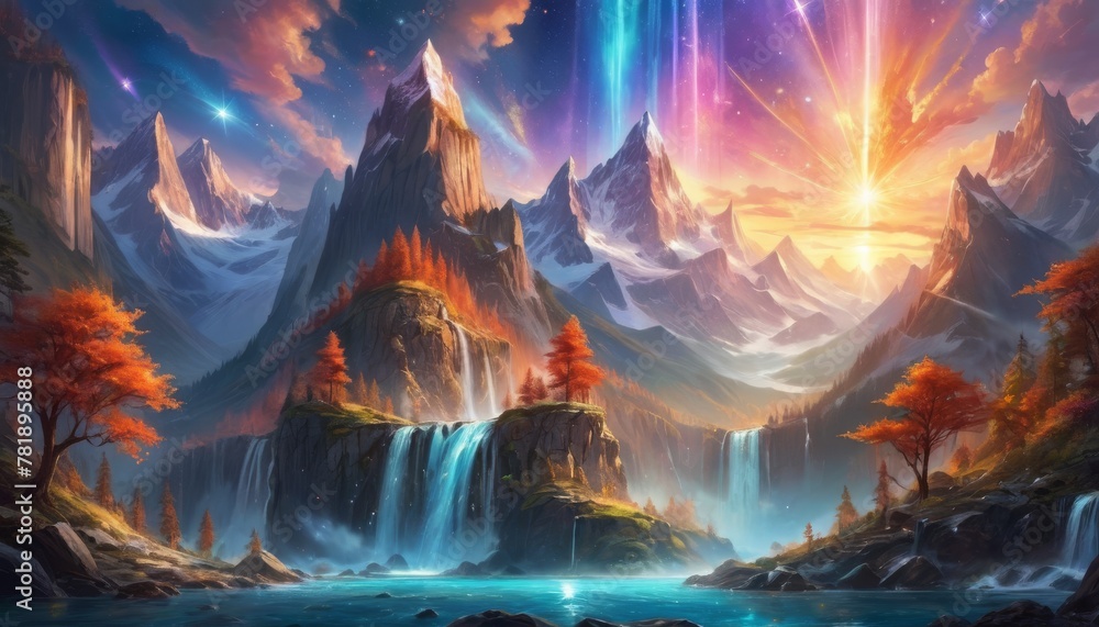 Poster mystic mountain range with cascading waterfalls and the northern lights weaving through a starlit sk