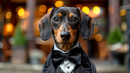 Dachshund in tuxedo and bow tie