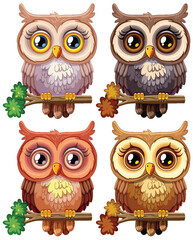 Four cute owls with big eyes perched on branches.